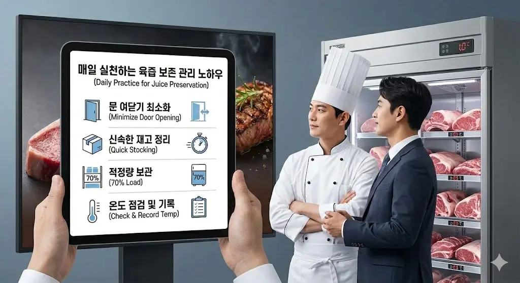 육즙 보존을 위한 정밀 온도 관리와 에너지 효율을 실천하는 주방 운영 장면입니다.