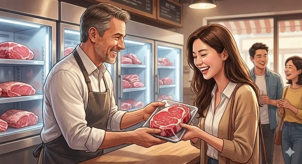 고품질 고기를 제공하며 만족해하는 사장님과 단골 손님의 활짝 웃는 모습