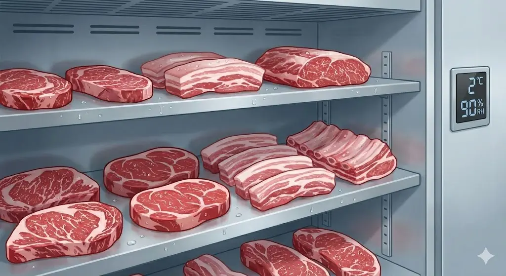 고습도 냉장고 안에서 신선한 선홍빛을 띠고 있는 프리미엄 육류들