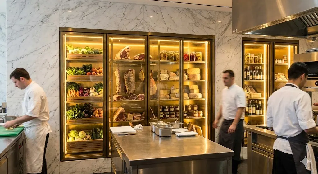 대리석 주방 인테리어에 매립된 고급 대형냉장고