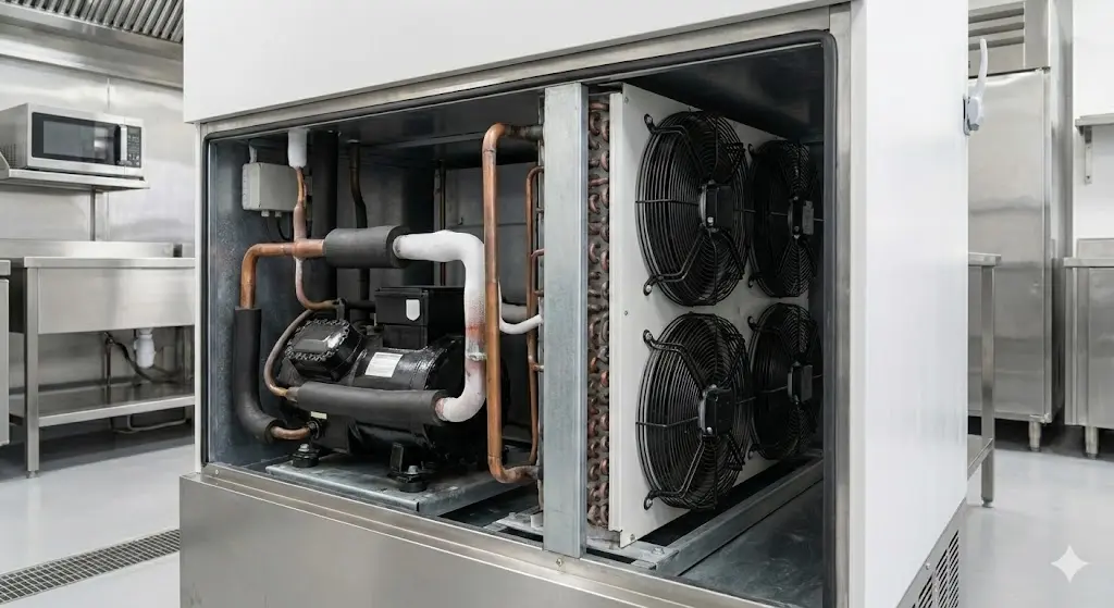 강력한 냉각 성능을 가진 초저온 생선냉동고의 기계실과 팬 구조