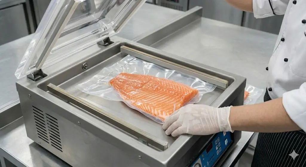 선도를 극대화하기 위해 진공 포장 후 급속 냉동을 준비하는 과정