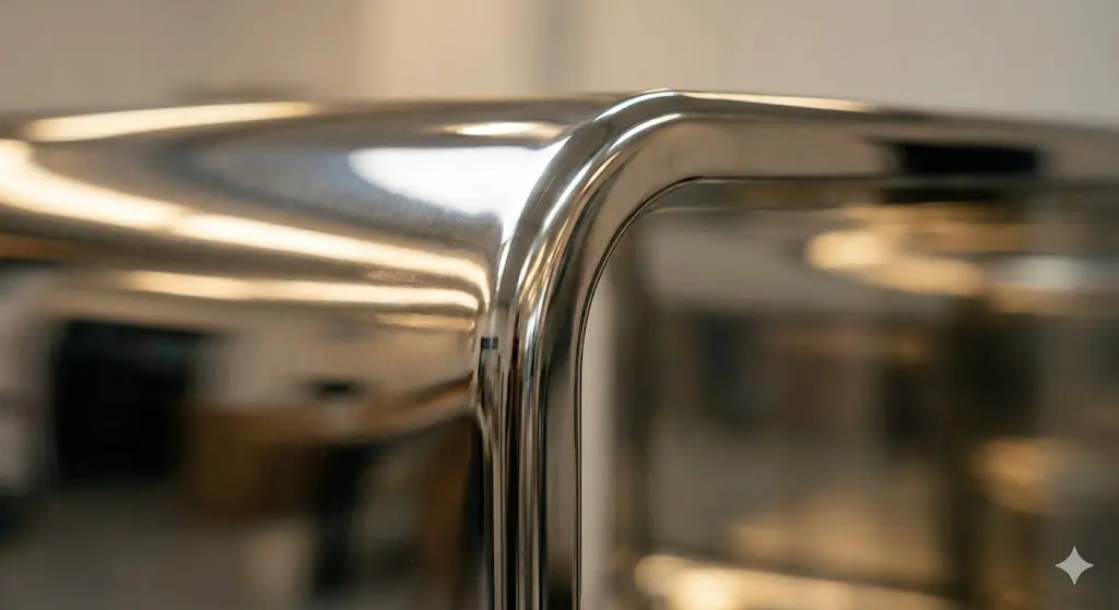 업소용 대형냉장고의 스테인리스 모서리 마감 디테일