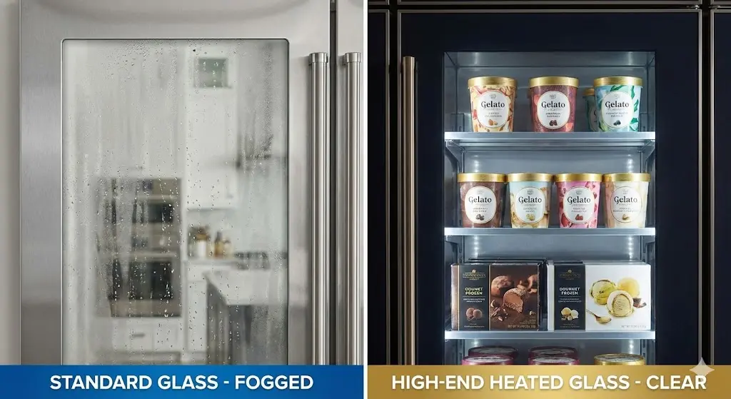 일반 냉장고 유리와 결로 방지 열선 유리의 투명도 비교