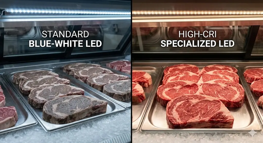 일반 LED와 고연색 LED 하에서의 육류 색상 비교