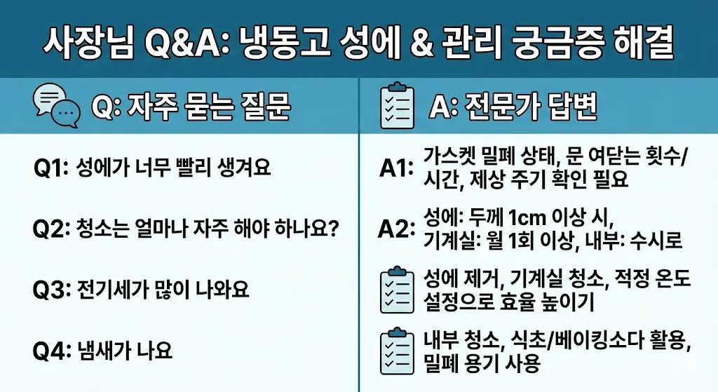 냉동고 관리 및 성에 관련 사장님들의 궁금증을 해결하는 질문 답변 그래픽