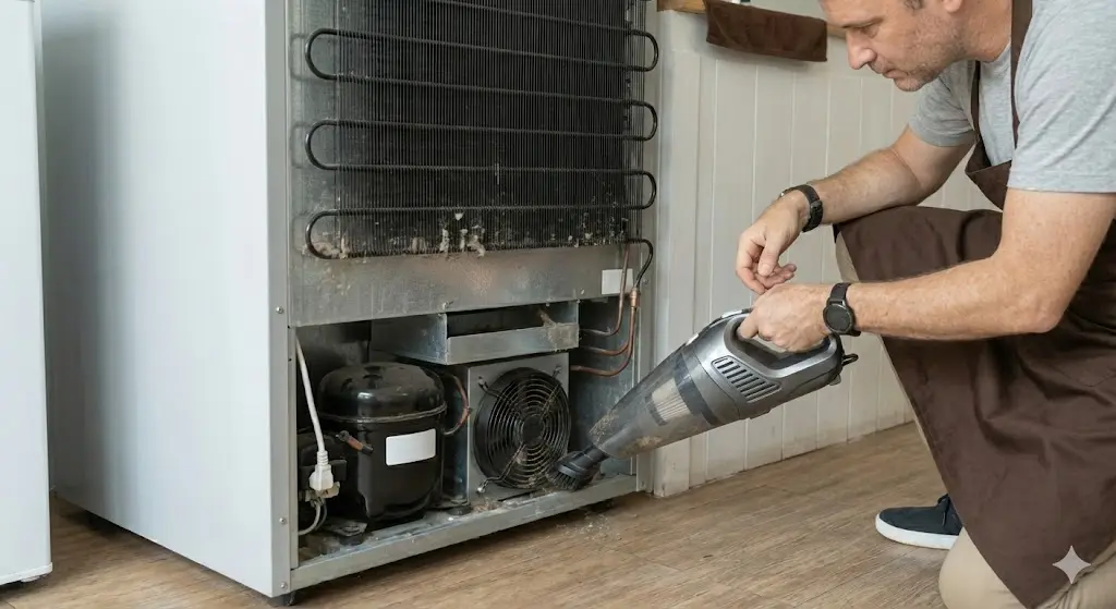 냉각 효율을 높이기 위해 냉동고 기계실의 먼지를 청소하는 사장님