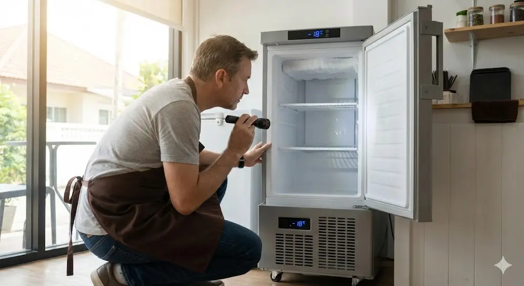 카페 오픈 전 냉동고 내부 상태와 온도를 꼼꼼히 체크하는 사장님의 모습