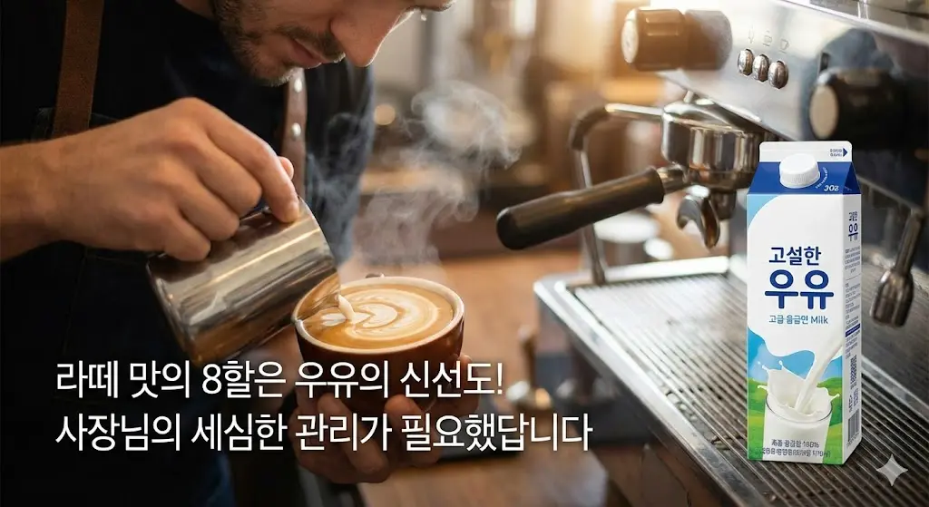 맛있는 라떼를 만드는 바리스타의 모습으로 우유 관리의 중요성을 시각적으로 전달합니다.