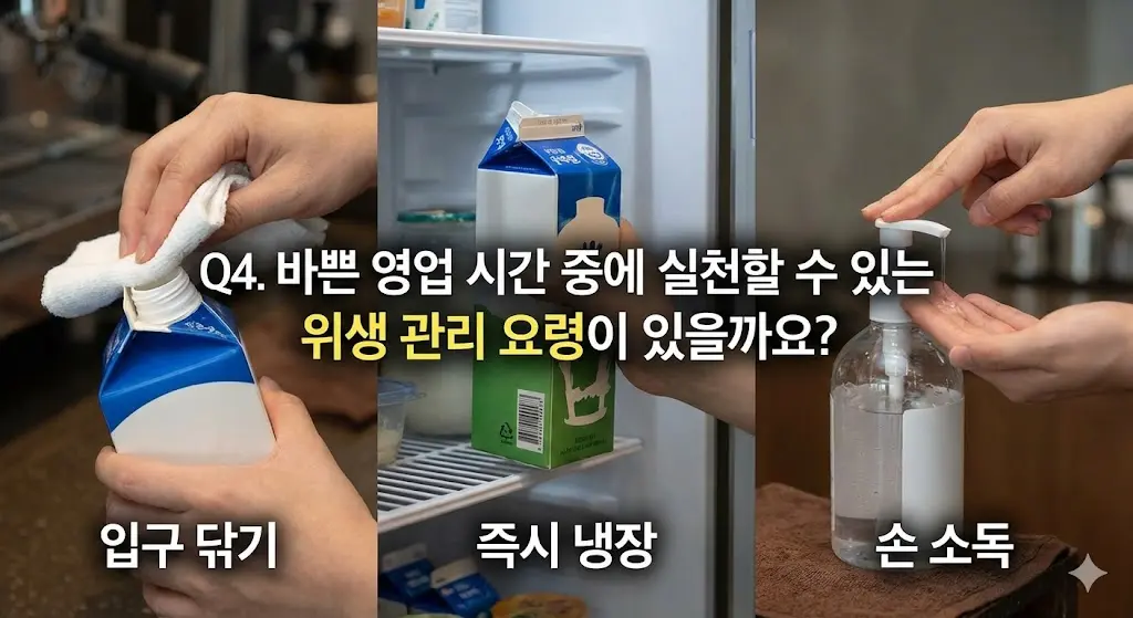 우유팩 입구 닦기, 사용 후 즉시 냉장 보관, 손 소독 등 핵심 위생 수칙을 분할 이미지로 보여줍니다.