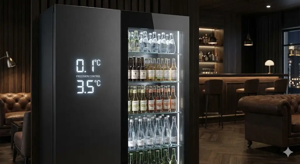 블랙 티타늄 표면의 디지털 온도 조절 패널 상세 샷