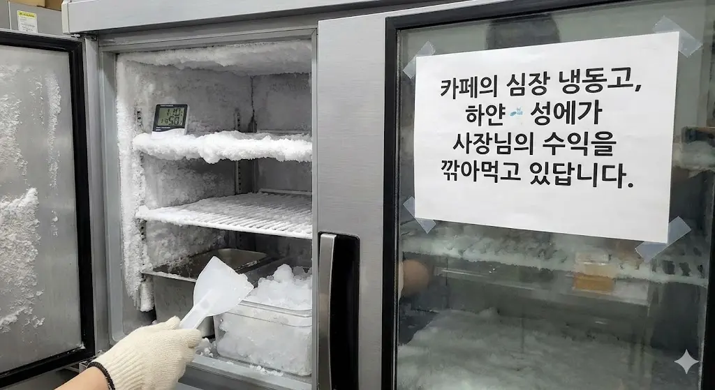 카페 냉동고 성에 제거 모습과 수익 손실 경고 문구