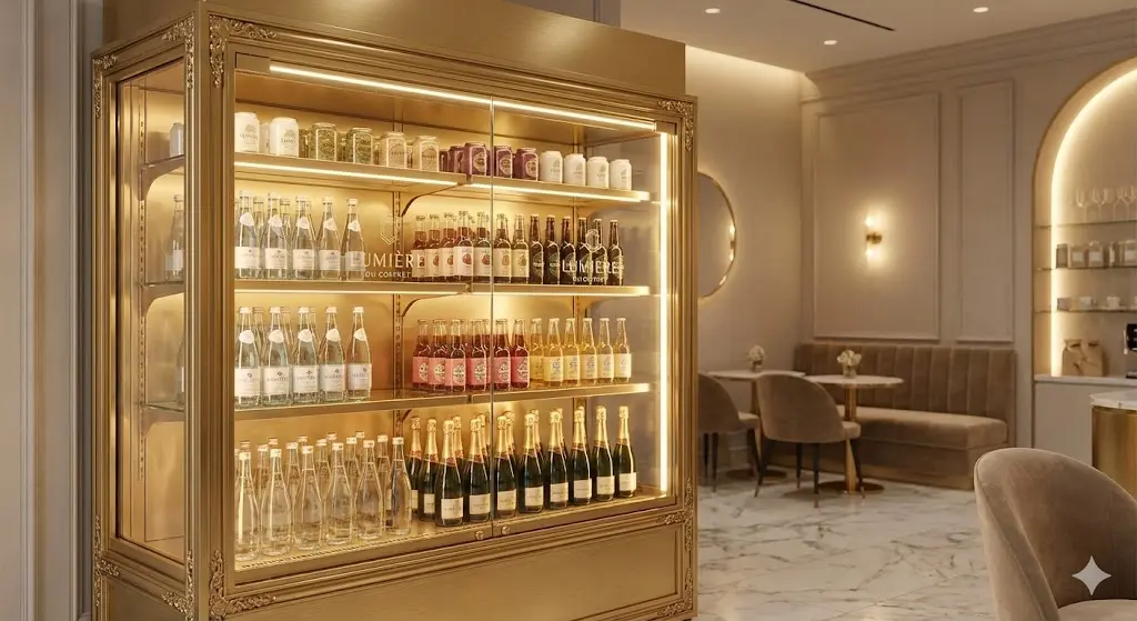 쥬얼리 케이스 스타일의 골드 프레임 쇼케이스 냉장고