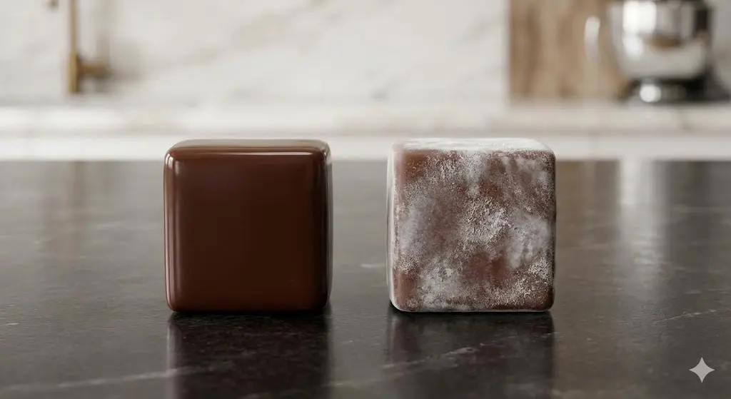 정상적인 초콜릿과 블루밍이 생긴 초콜릿을 대비하여 보여주는 이미지입니다.