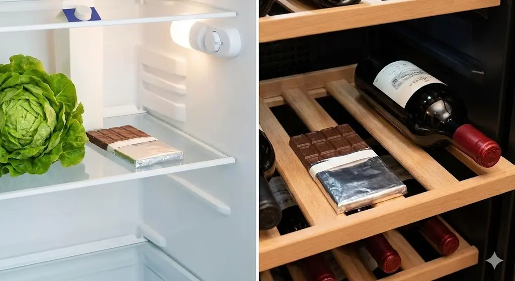 일반 냉장고와 와인 셀러에 보관된 초콜릿의 모습을 비교하여 보여주는 이미지입니다.