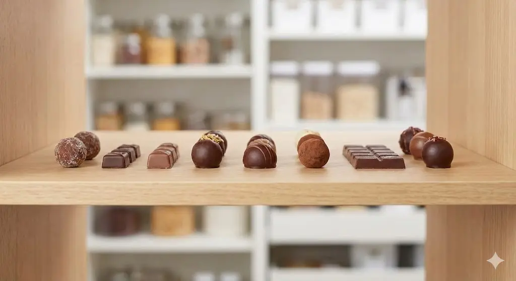 공기 순환을 위해 간격을 두고 가지런히 정돈된 초콜릿의 모습을 담은 이미지입니다.