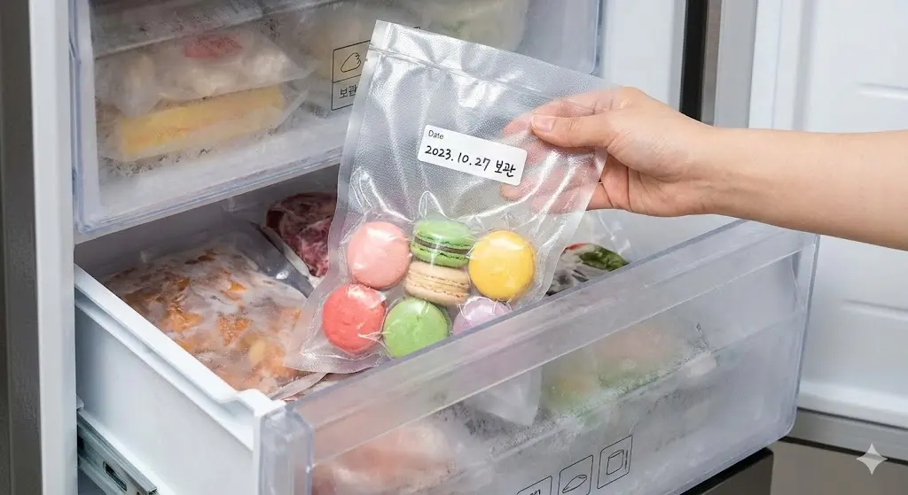 진공 포장 후 날짜를 기입하여 냉동 보관하는 올바른 방법을 보여줍니다.