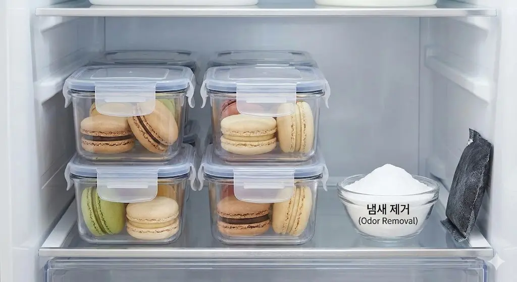 밀폐 용기 사용과 탈취제를 통한 냄새 배임 방지 방법을 시각적으로 제시합니다.