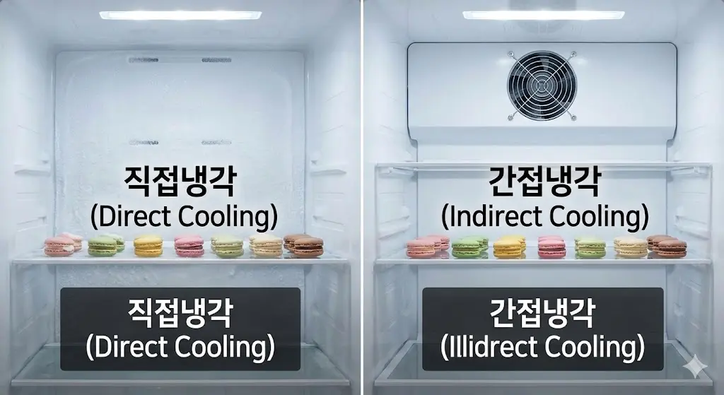 성에가 끼는 직접냉각 방식과 균일한 냉기를 순환시키는 간접냉각 방식의 차이를 비교합니다.