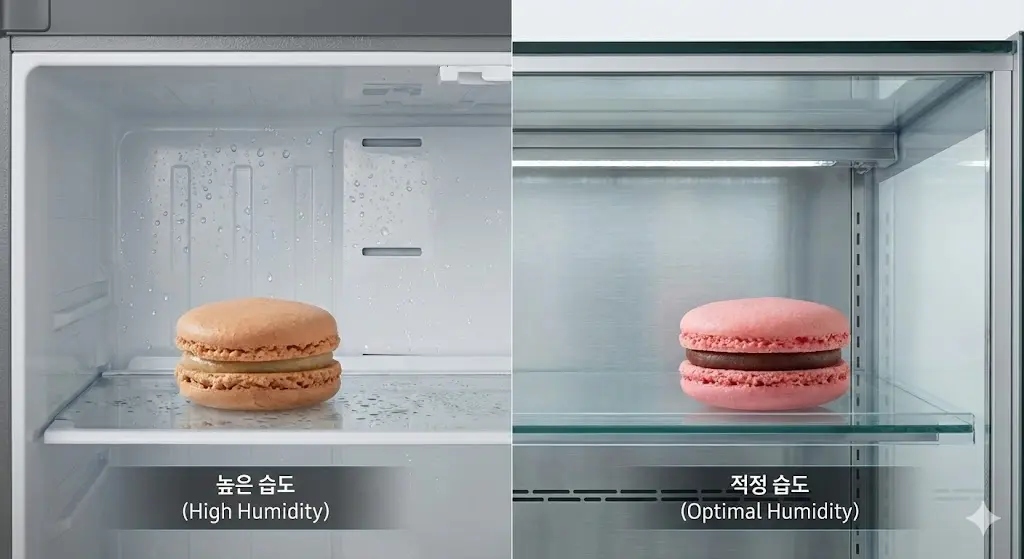 높은 습도로 인해 눅눅해진 꼬끄와 적정 습도에서 완벽한 꼬끄를 비교하여 보여줍니다.