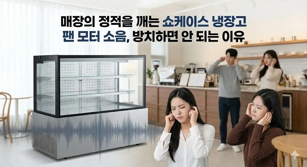 매장 내 소음이 발생하는 쇼케이스 냉장고의 소리에  귀를 막고 있는 손님들
