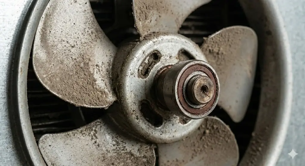 먼지가 쌓여 소음을 유발하는 냉장고 내부 팬 모터의 근접 사진