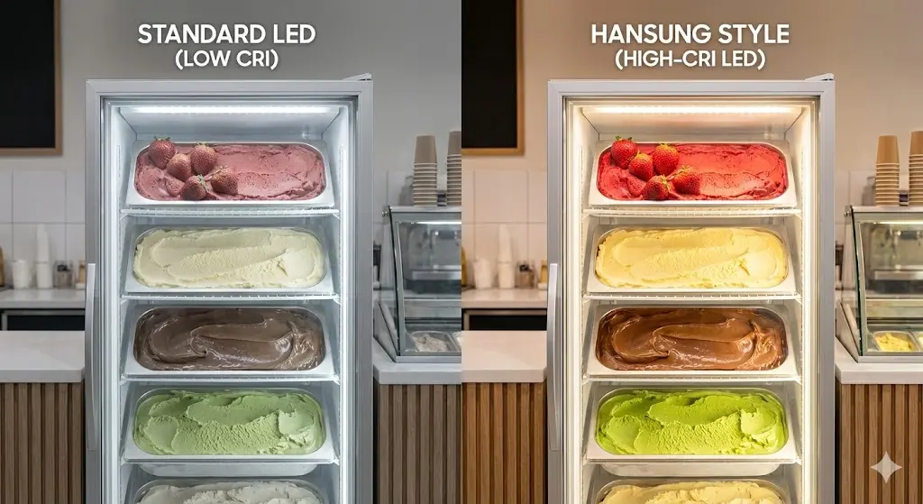 일반 LED와 고연색 LED 하에서의 아이스크림 시각적 비교