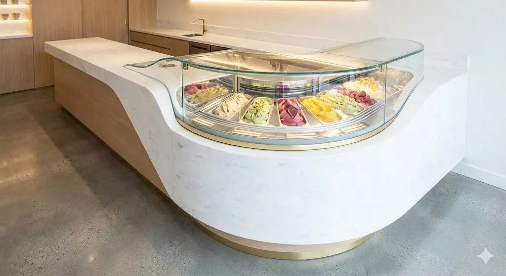 카운터와 일체형으로 제작된 곡선 유리 아이스크림쇼케이스