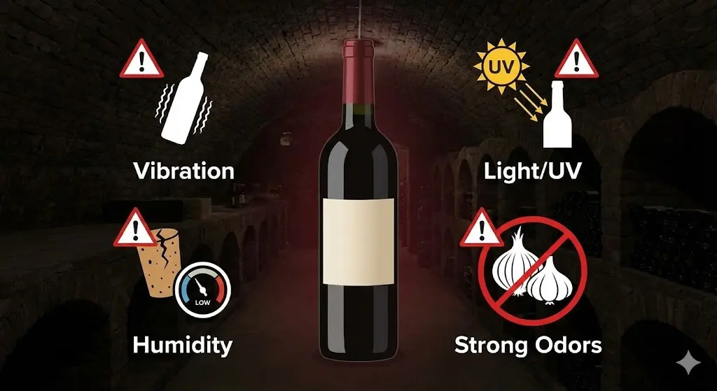 온도 외에 와인 품질을 위협하는 진동, 빛, 습도, 냄새 요소를 아이콘으로 경고했습니다.