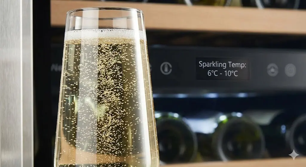 스파클링 와인의 최적 온도(6°C~10°C)와 활기찬 기포를 강조했습니다.