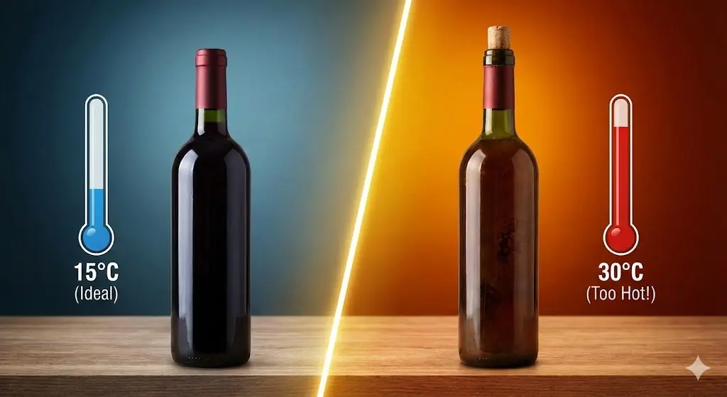온도에 따른 와인 상태 비교를 통해 온도 관리의 중요성을 시각적으로 강조했습니다.