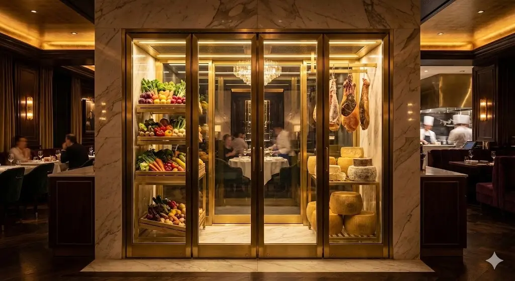 럭셔리 레스토랑 대리석 벽면에 매립된 대형 쇼케이스