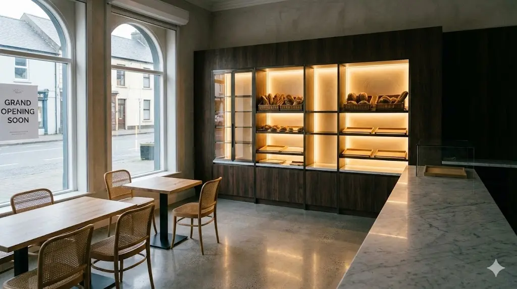 세련된 베이커리 인테리어에 완벽히 조화된 맞춤형 블랙 티타늄 쇼케이스 전경