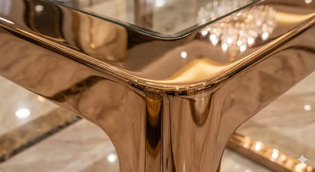 프리미엄 쇼케이스의 로즈골드 스테인리스 모서리 마감 상세 이미지