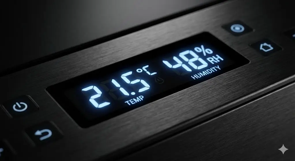 하이엔드 쇼케이스의 디지털 온도 조절 패널 상세샷