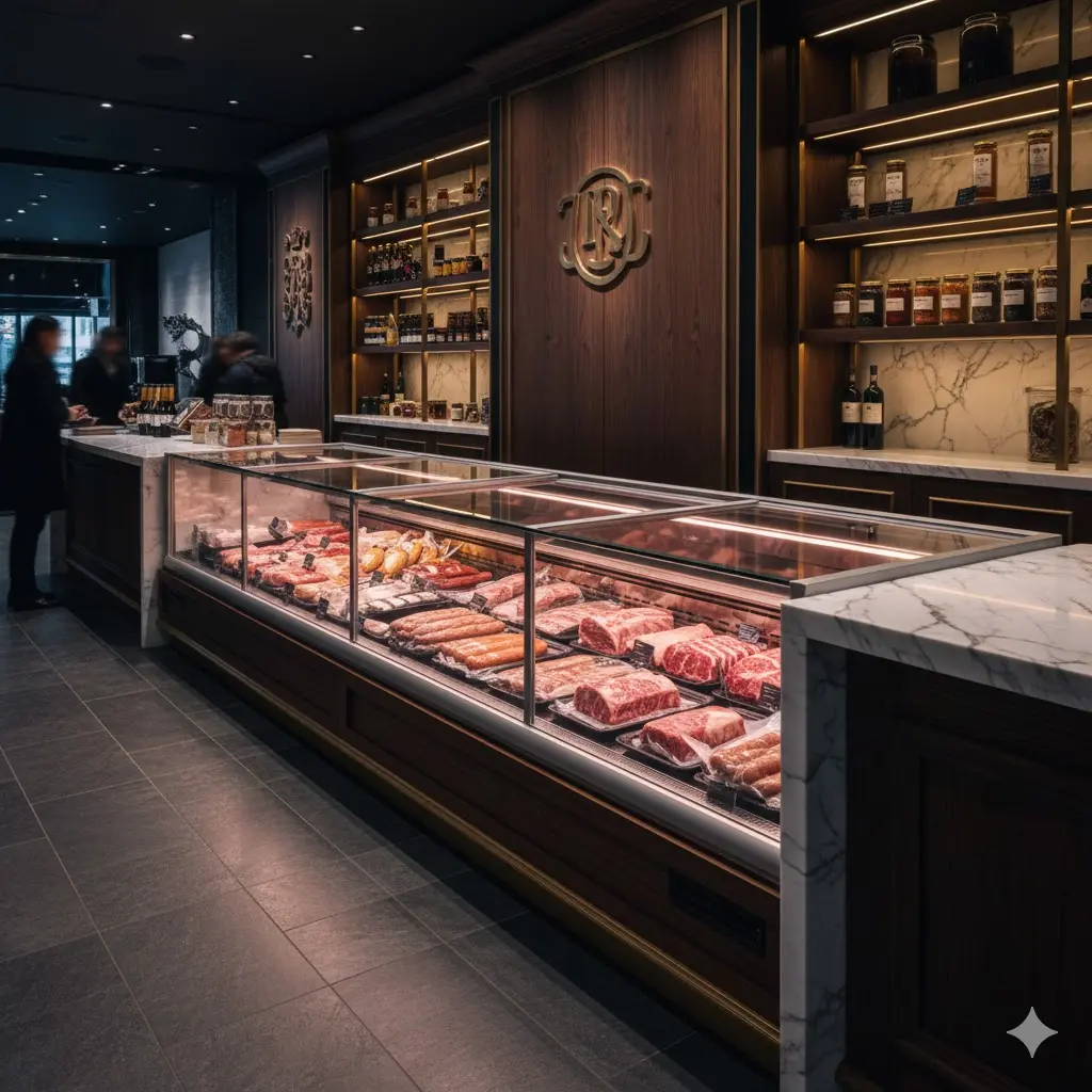 고급 마감재와 조화를 이루는 매립형 평대냉동고 인테리어 전경.