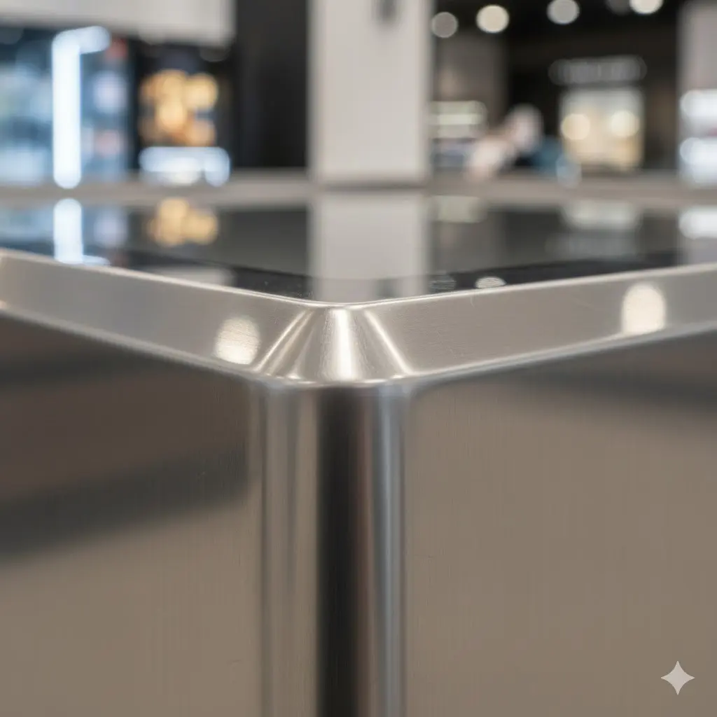 정교한 마감이 돋보이는 평대냉동고의 스테인리스 코너 상세 사진.