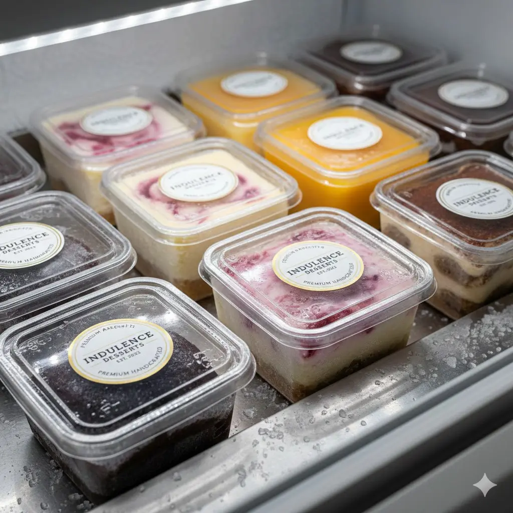 고연색성 LED 조명 아래 선명하게 보이는 평대냉동고 속 디저트 상세 이미지.