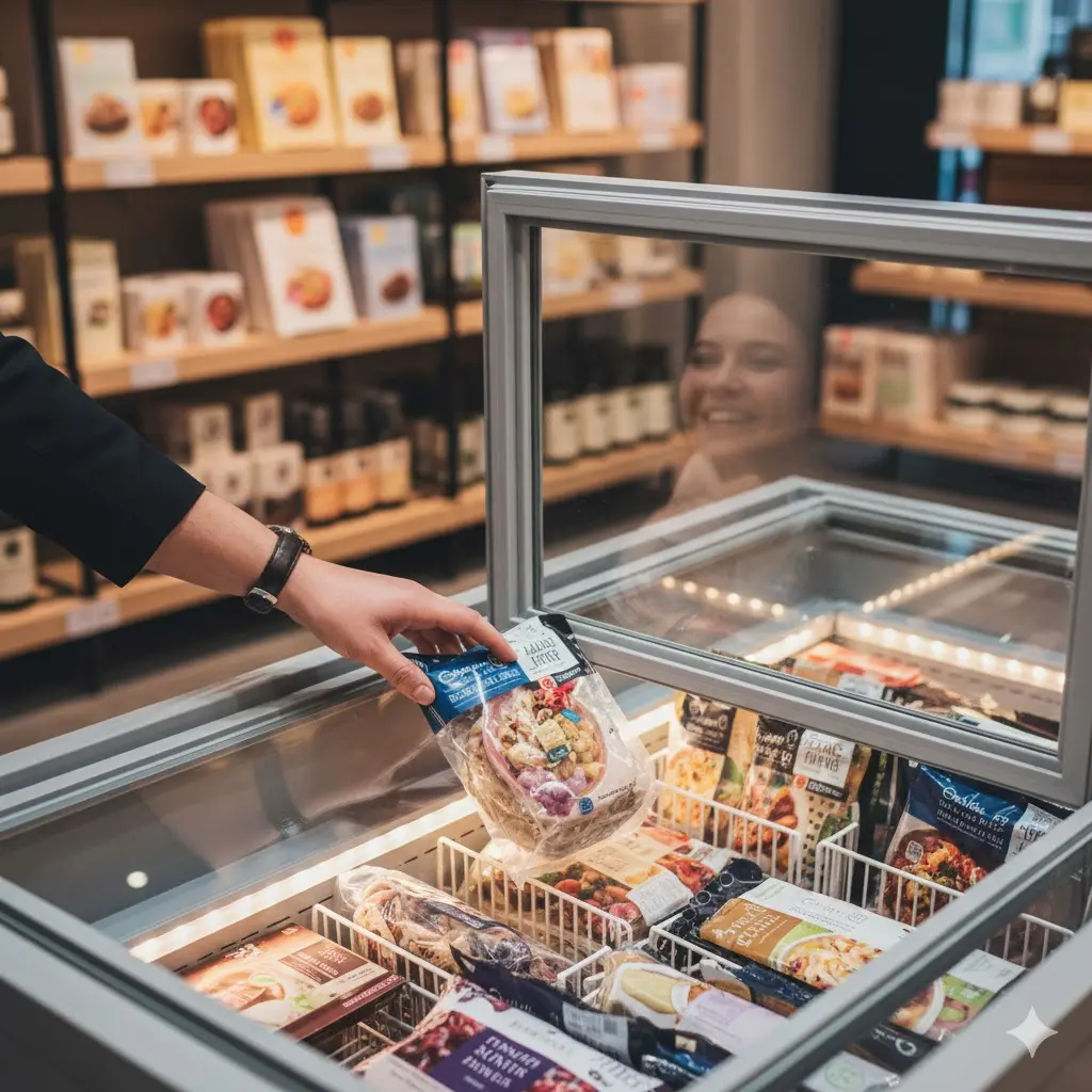 고객이 평대냉동고에서 제품을 선택하는 즐거운 구매 경험의 순간.