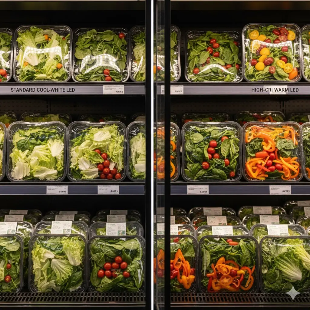 일반 LED와 프리미엄 고연색 조명 아래의 샐러드 진열 비교 샷.