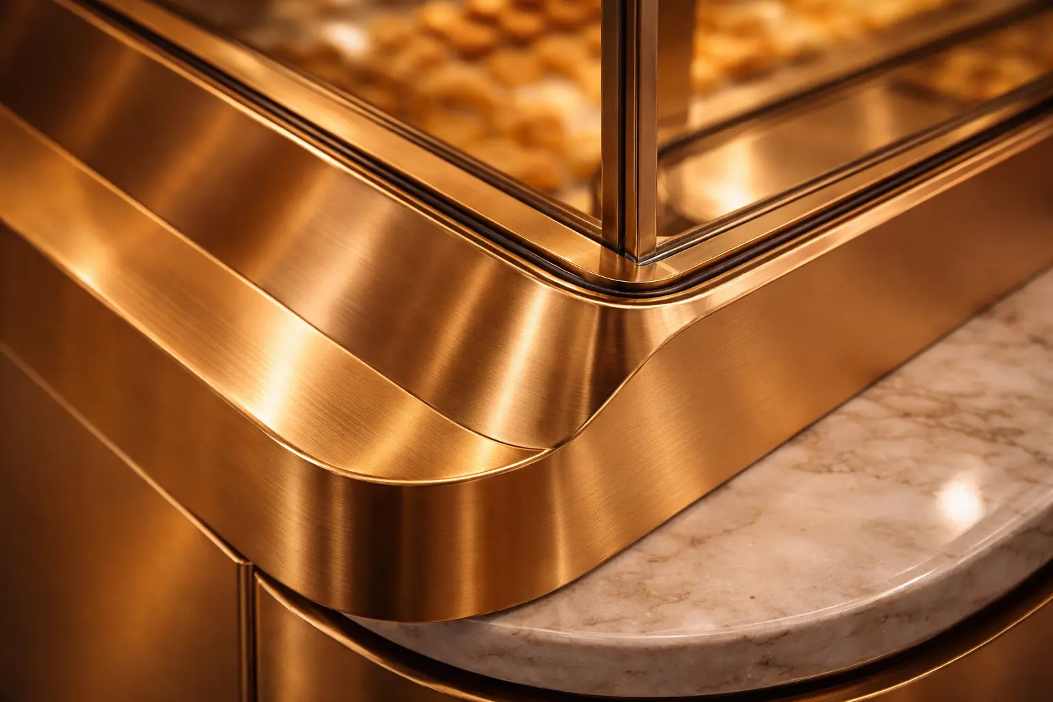 골드쇼케이스의 정교한 티타늄 골드 코팅과 스테인리스 질감 상세 사진.