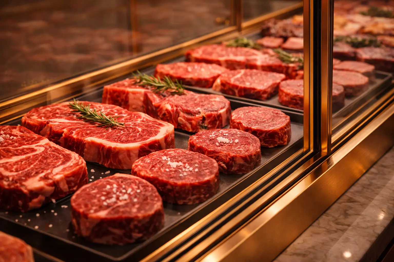 고연색 조명으로 신선도가 강조된 골드쇼케이스 내부의 정육 진열 모습.