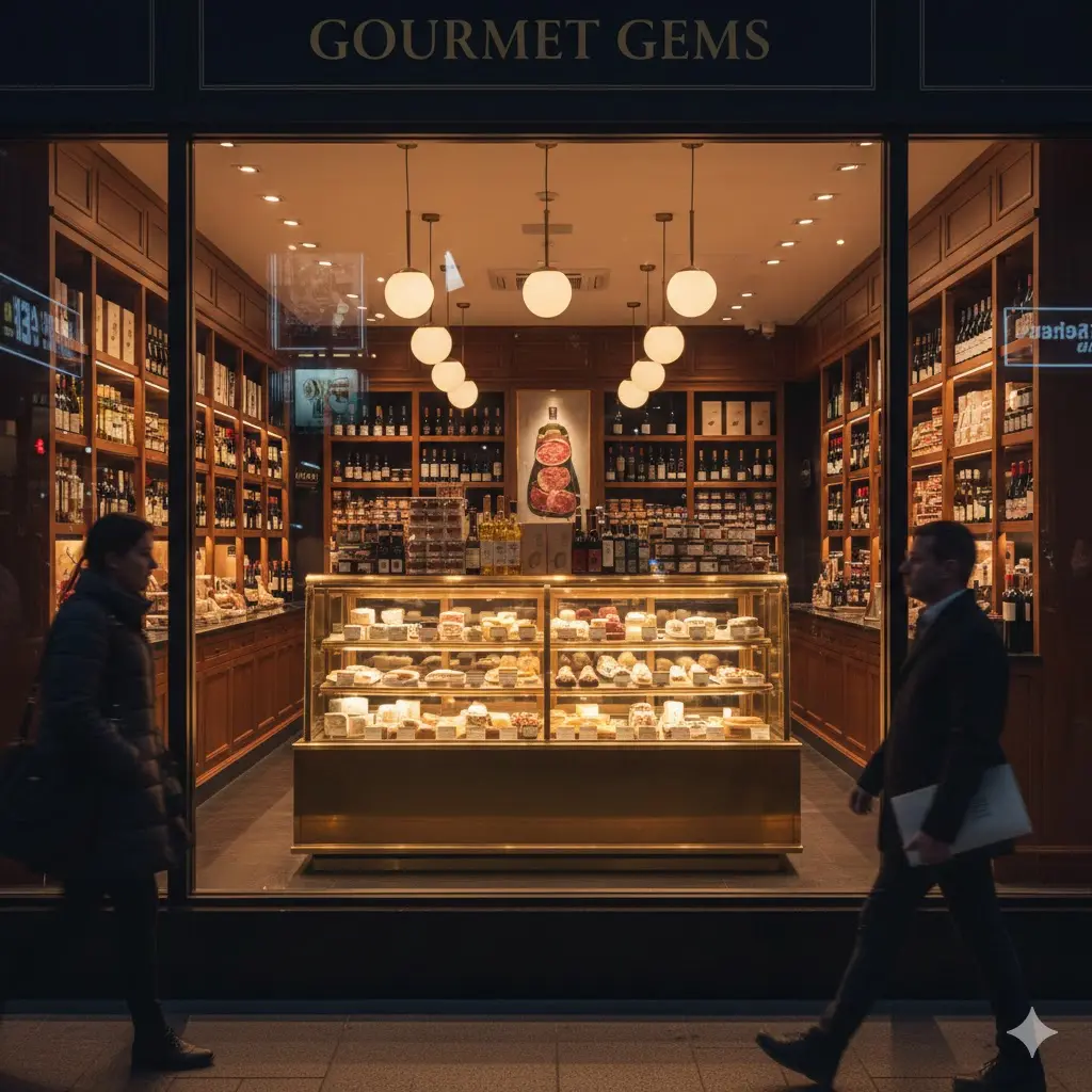 야간 매장 밖에서 본 화려한 골드쇼케이스의 야경 풍경.