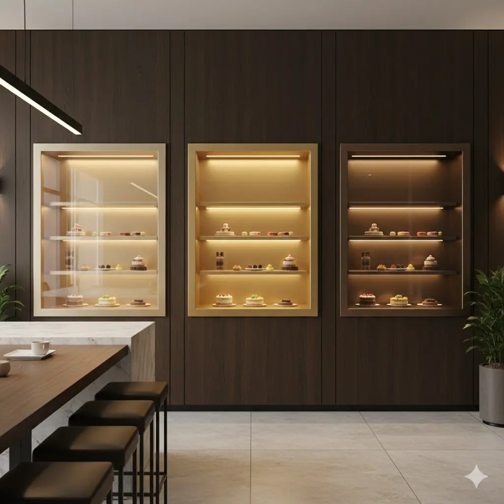 카페 인테리어와 완벽하게 조화를 이루는 매립형 골드쇼케이스 전경