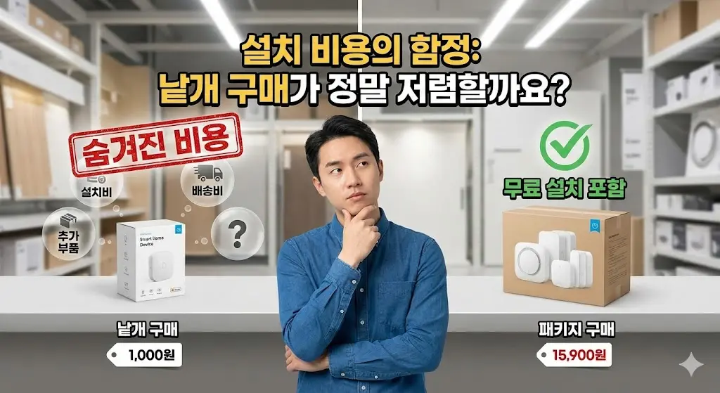 낱개 구매 시 발생하는 숨겨진 설치 비용과 패키지 구매의 경제성을 비교하며 고민하는 남성의 모습