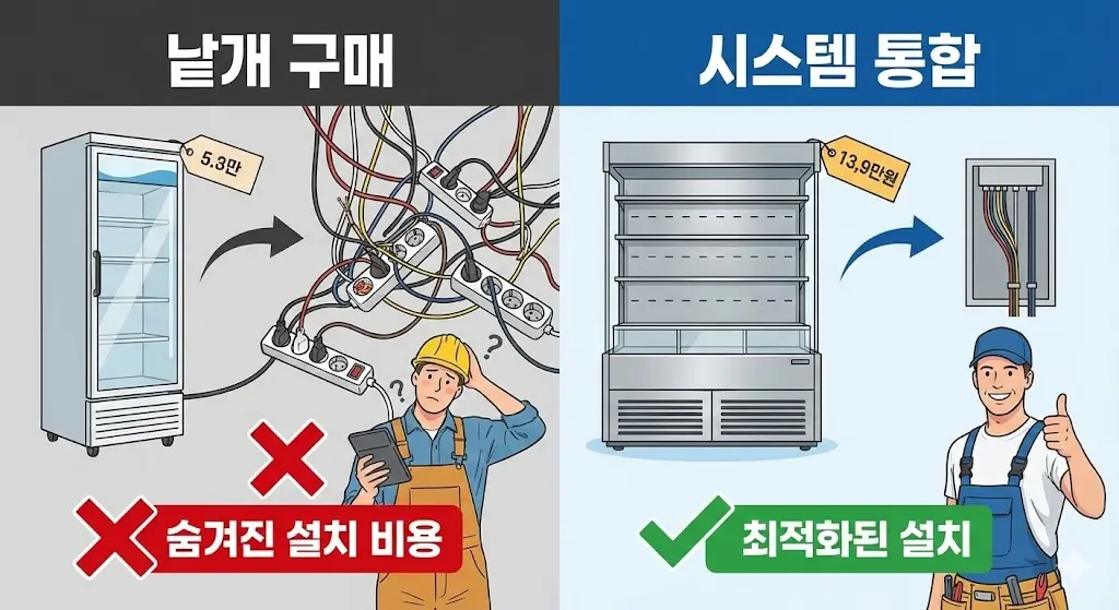 낱개 냉장고 구매 시의 숨겨진 추가 설치 비용과 시스템 통합 방식의 비교 인포그래픽