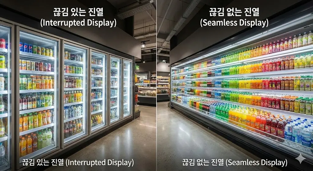 프레임으로 끊겨 보이는 개별 냉장고 진열과 매끄럽게 이어지는 일체형 쇼케이스의 시각적 마케팅 효과 비교