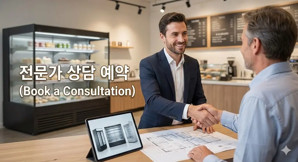 매장 점주와 냉장고 전문 컨설턴트가 웃으며 악수하고 상담하는 모습, 배경에는 세련된 매장 인테리어