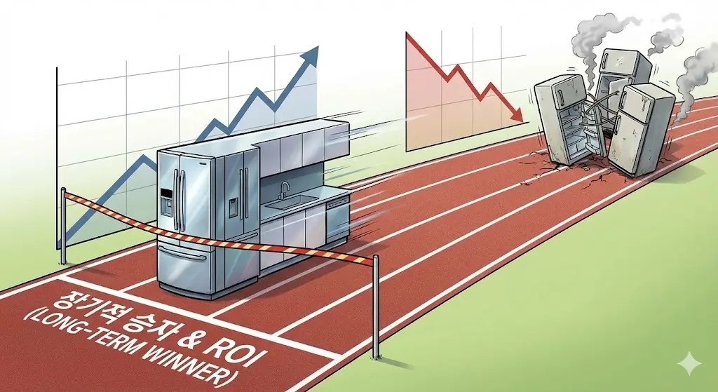 장기적인 비용 절감과 효율성 면에서 일체형 냉장고 시스템이 개별 구매보다 우월함을 보여주는 경주 결승선 일러스트
