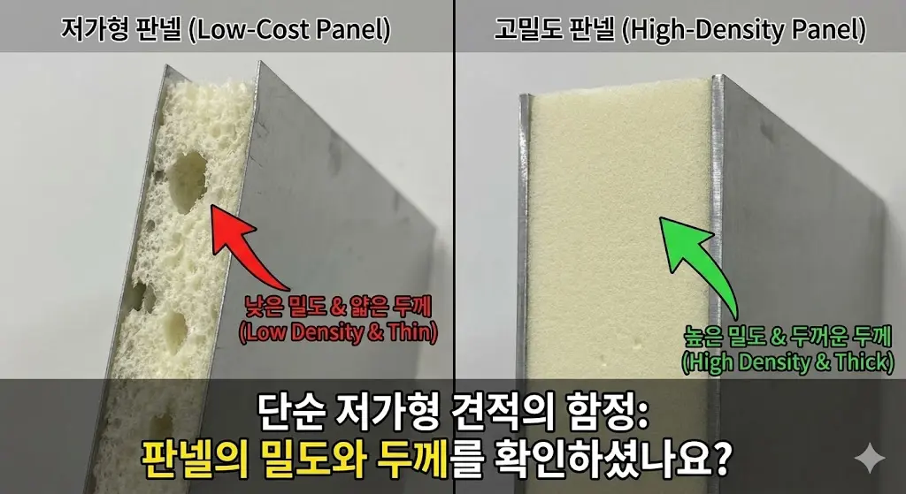 저가형 워크인 냉장고 판넬과 고밀도 판넬의 단면 비교 사진